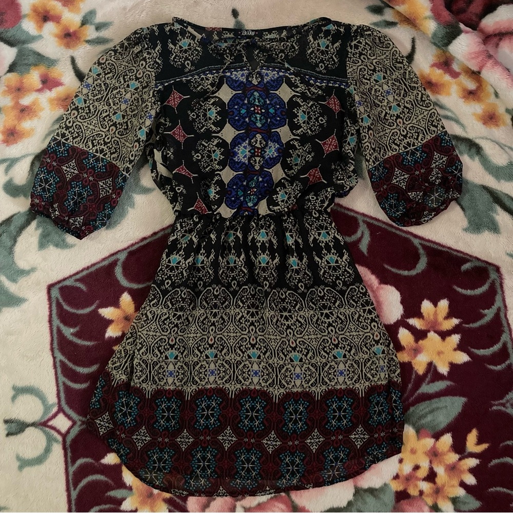 BeBop Black Dress with Blue and Cream Pattern